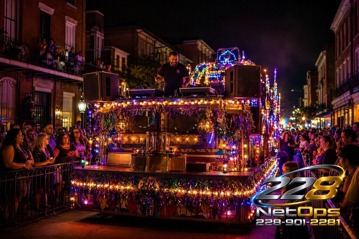 Mardi Gras parade float DJ setup