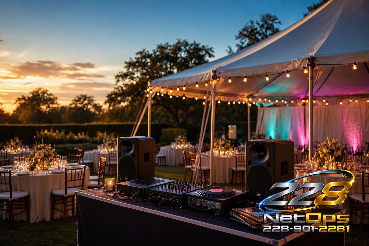 Outdoor wedding reception at dusk