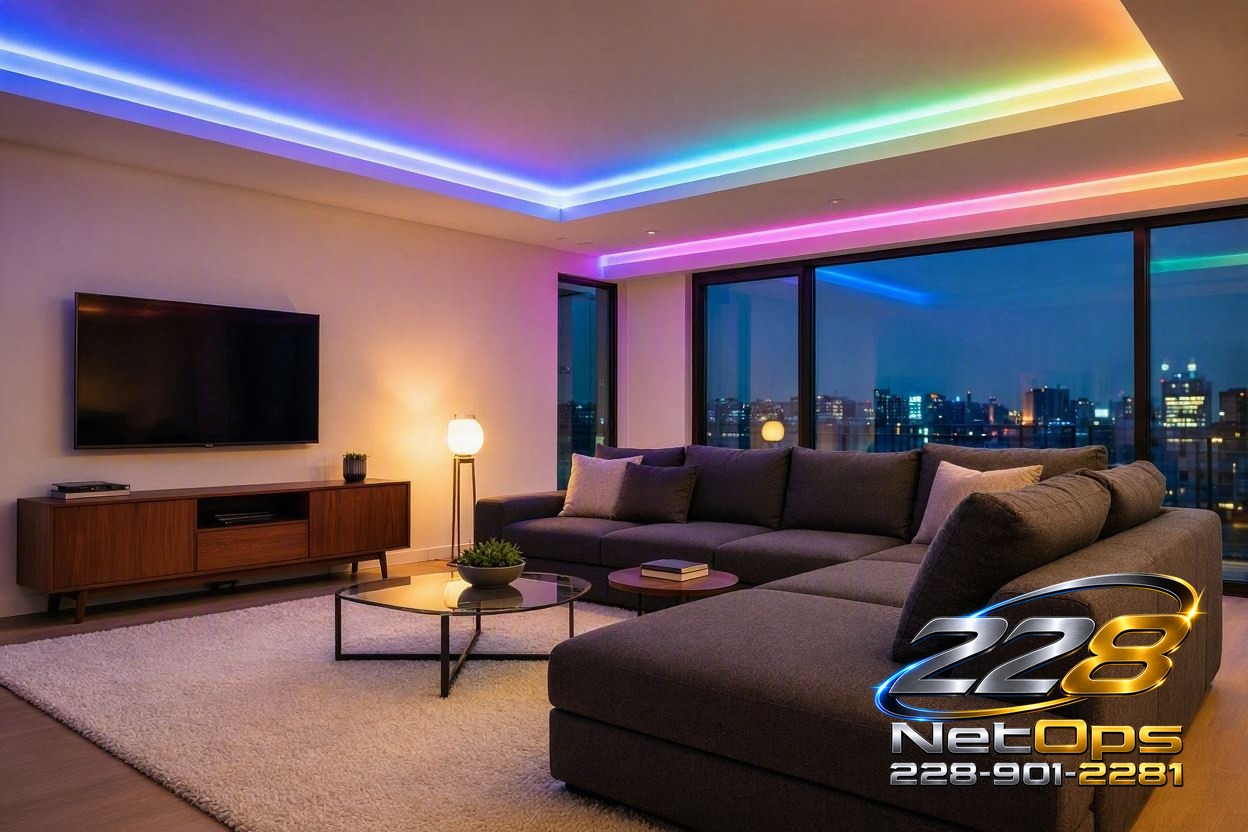 Living room with RGB smart LED strip lighting