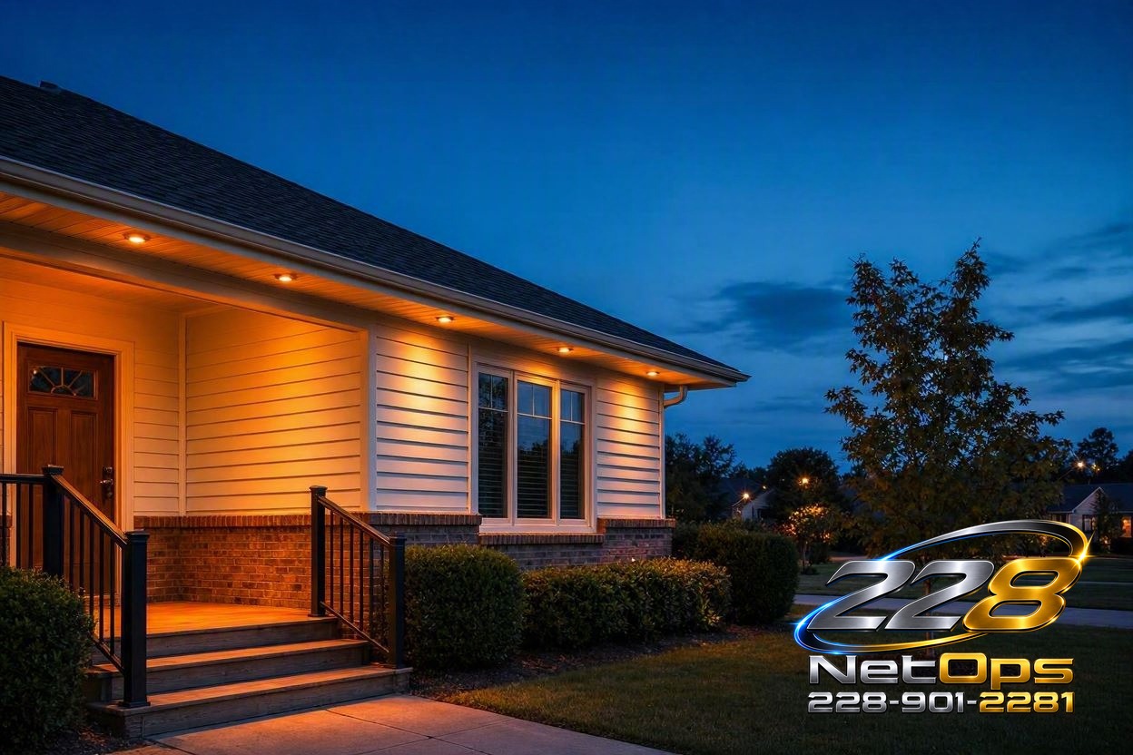 Permanent outdoor smart lights on a home at dusk
