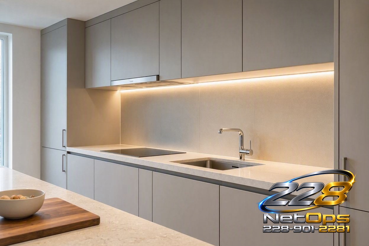 Kitchen with smart LED under-cabinet lighting