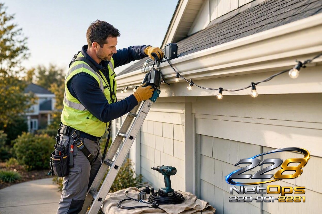 Technician installing smart lights along a roofline