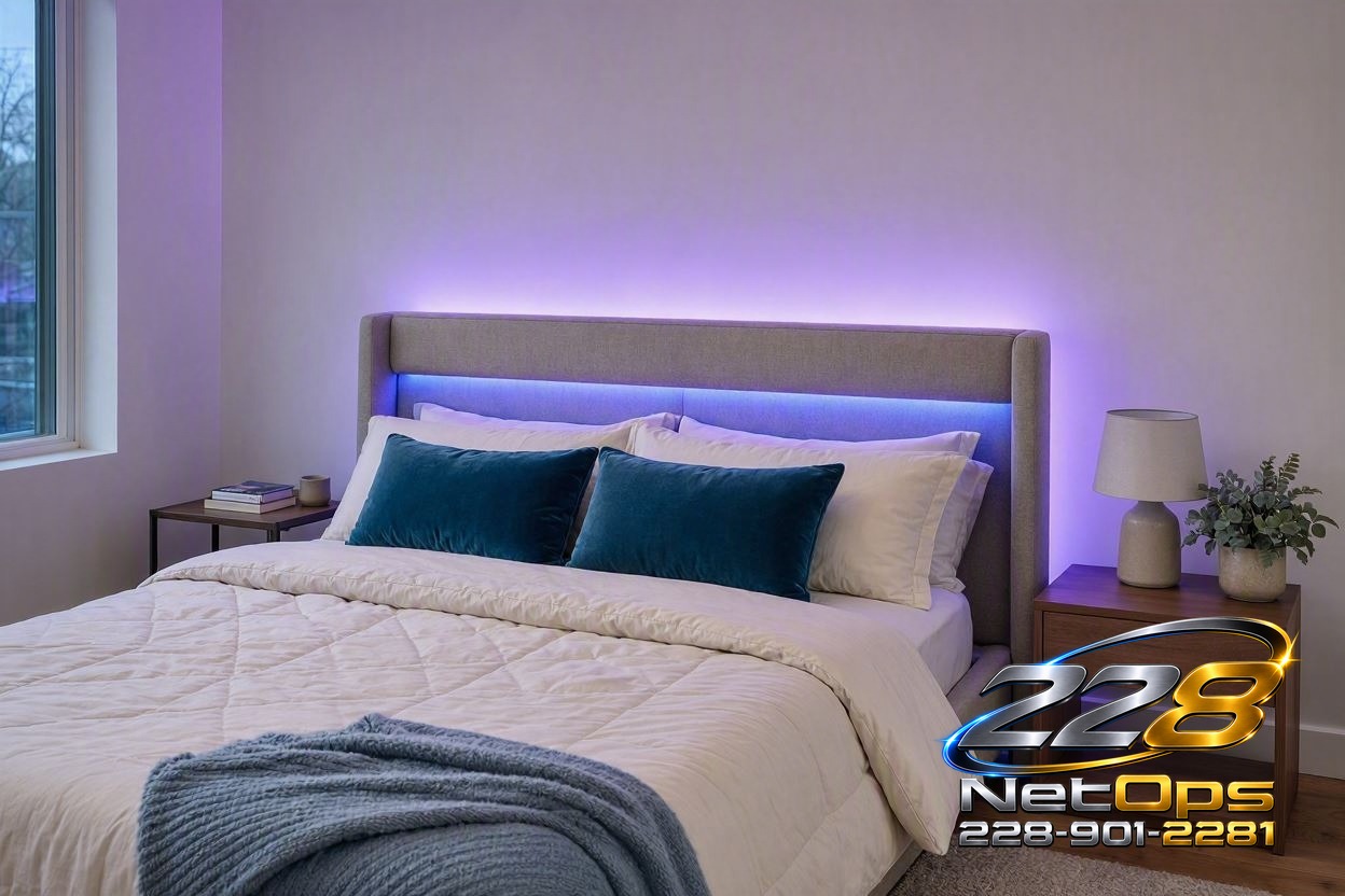 Bedroom with smart ambient lighting