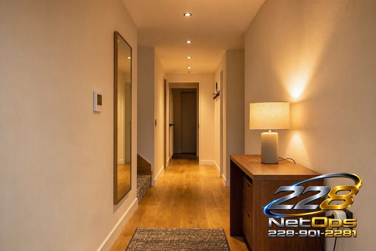Hallway with smart downlights and a smart plug