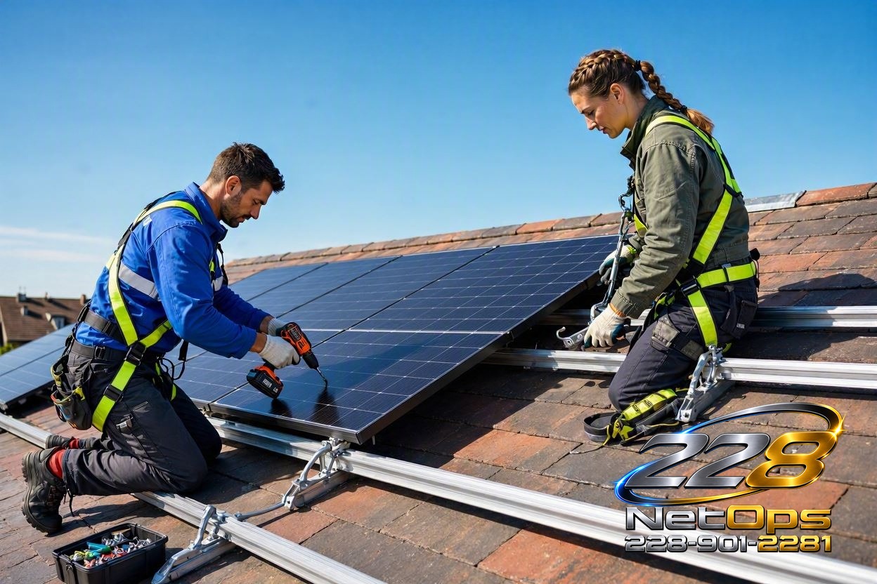 Solar installers mounting panels on a roof