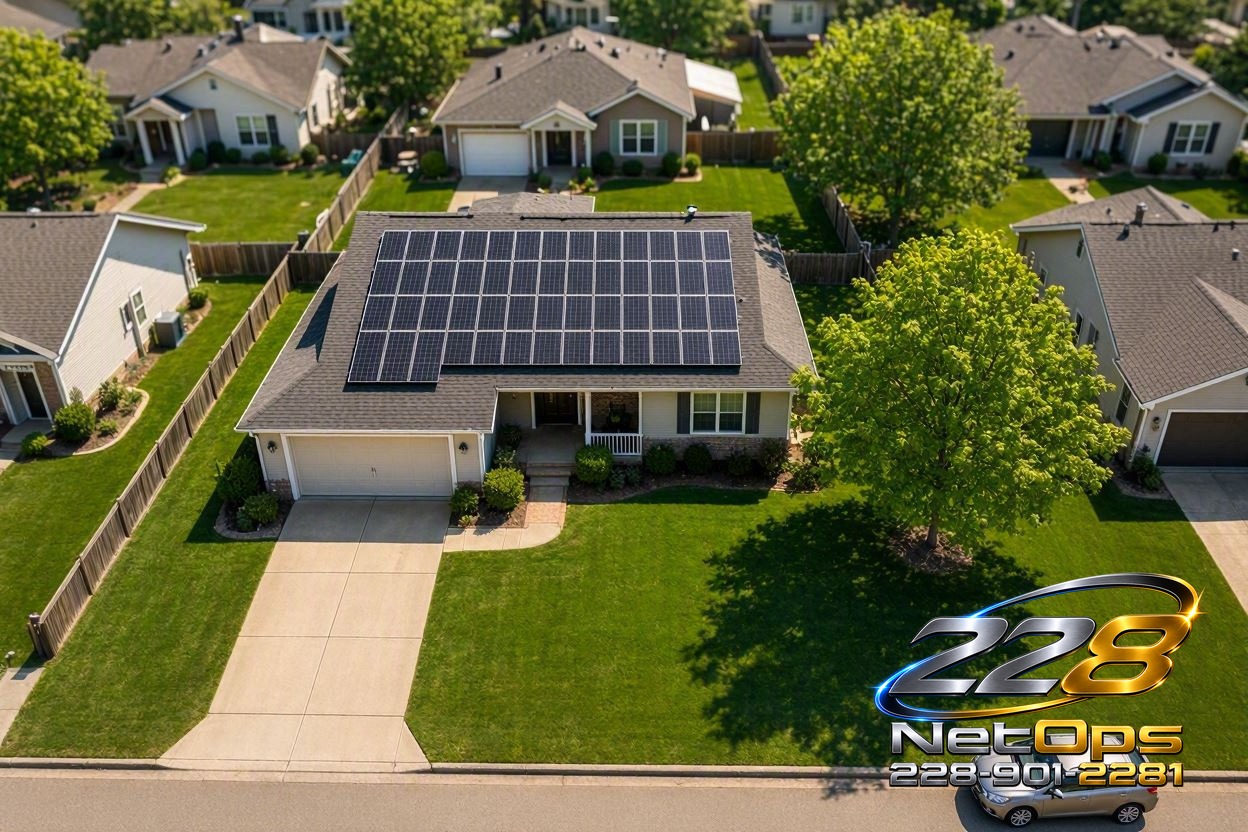 Aerial view of a home with rooftop solar